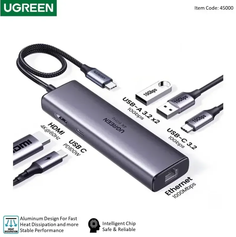 UGREEN 6-in-1 USB-C Hub Adapter — 100W Power Delivery, 4K@60Hz HDMI, 10Gbps USB 3.2, Gigabit Ethernet