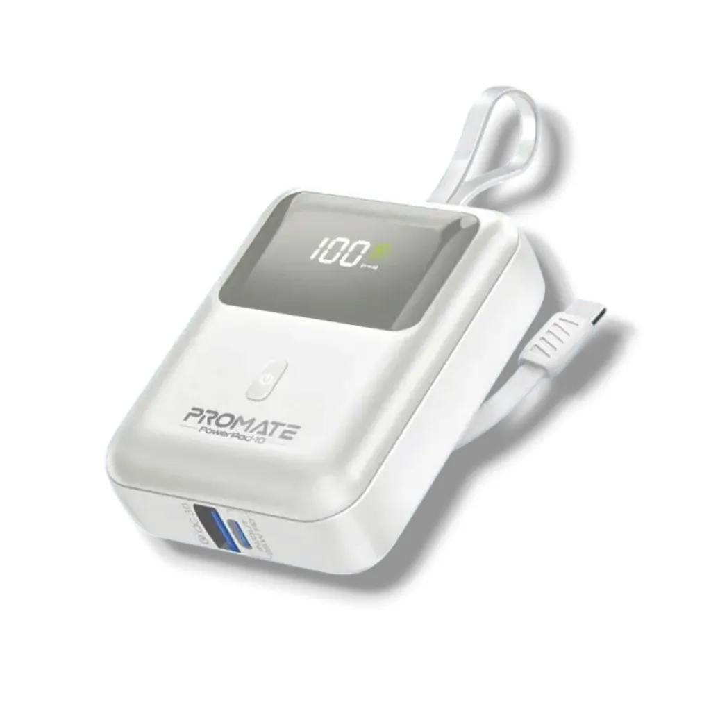 Promate PowerPod-10 10000mAh Ultra-Compact 35W SuperSpeed Power Bank | Built-In USB-C Cable | USB-C PD & PPS | 18W QC 3.0 USB-A | Smart LED Display | Multi-Protection | White