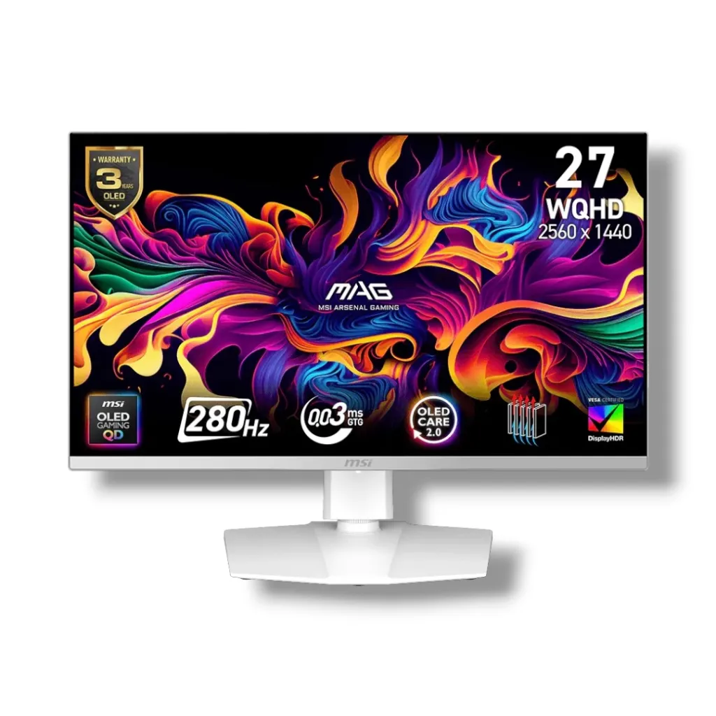MSI MAG 272QPW QD-OLED X28 27-Inch WQHD 280Hz QD-OLED Gaming Monitor | 0.03ms GtG • DisplayHDR True Black 400 • HDMI 2.1 • White Silver